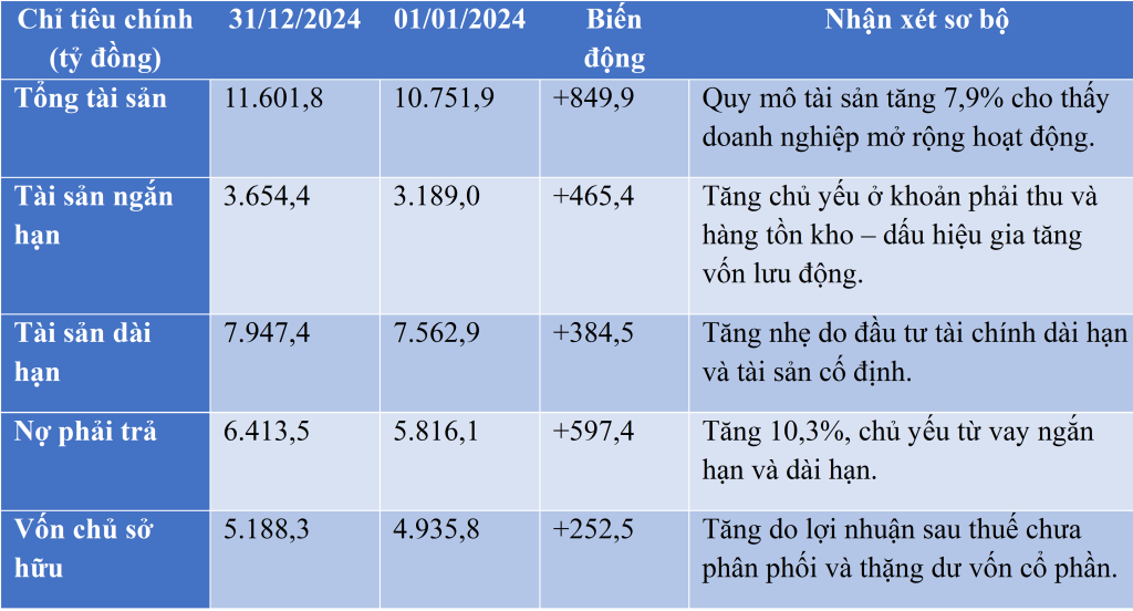 trích yếu số liệu từ Bảng cân đối kế toán riêng của Công ty Cổ phần Tập đoàn PC1 tại ngày 31/12/2024